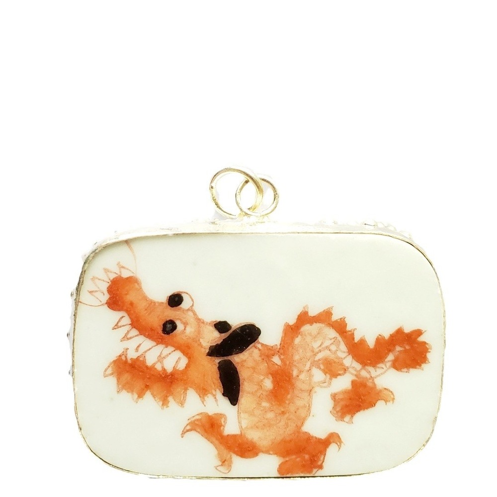Vintage Hand Painted Chinese Dragon Pendant Orange & White Pottery Shard Jewelry